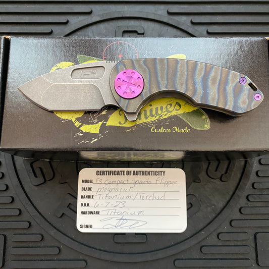 Curtiss Custom Knives F3 Compact Frame Lock, 2.5" Spanto Magnacut Blasted Blade FLIPPER, Torched Handles, Knife