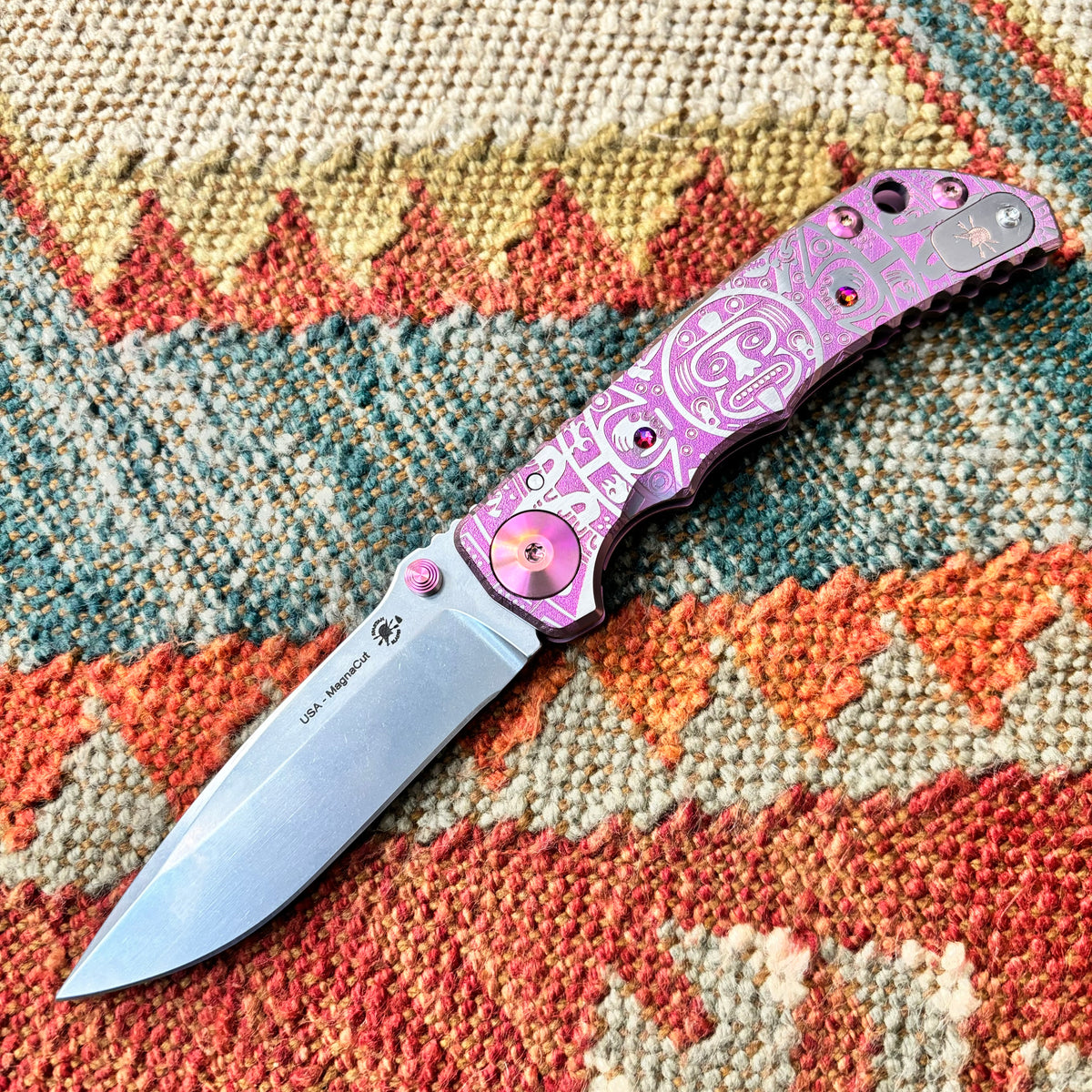 Spartan Blades Harsey Folder - PINK Mayan with Blue Stones, Magnacut Blade, Pink ANO Hardware Knife
