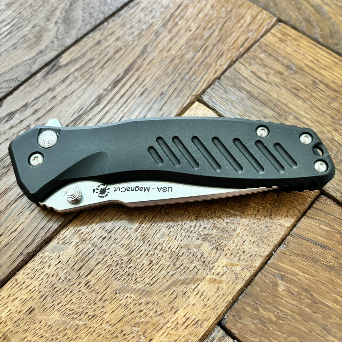 Spartan Blades SF3SW PALLAS Flipper 3.75" Magnacut Stonewashed Plain Blade, Black Aluminum Handles