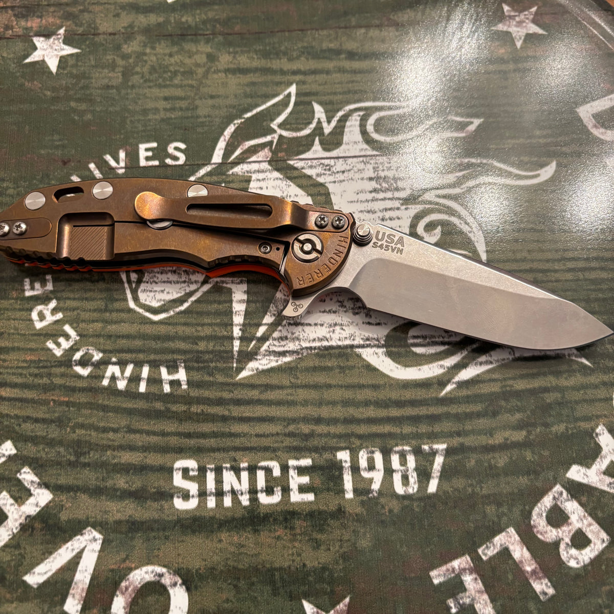 Rick Hinderer XM-18 3.25" Spearpoint, Magnacut Blade, Orange G10, Stonewash Bronze Knife