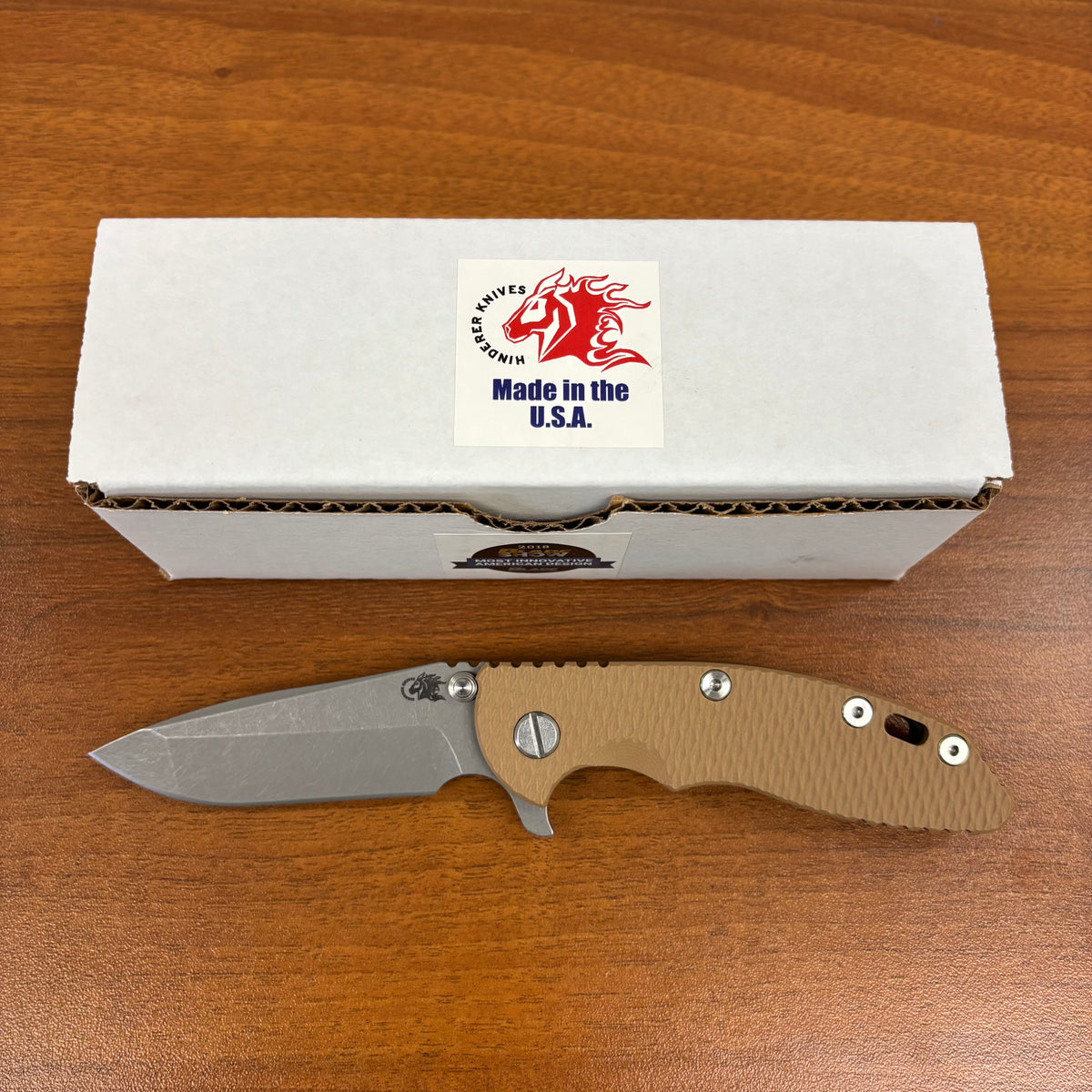 Rick Hinderer XM-18 3.25" Spearpoint, Working Finish Magnacut Blade, Coyote G10, Battle Bronze Knife