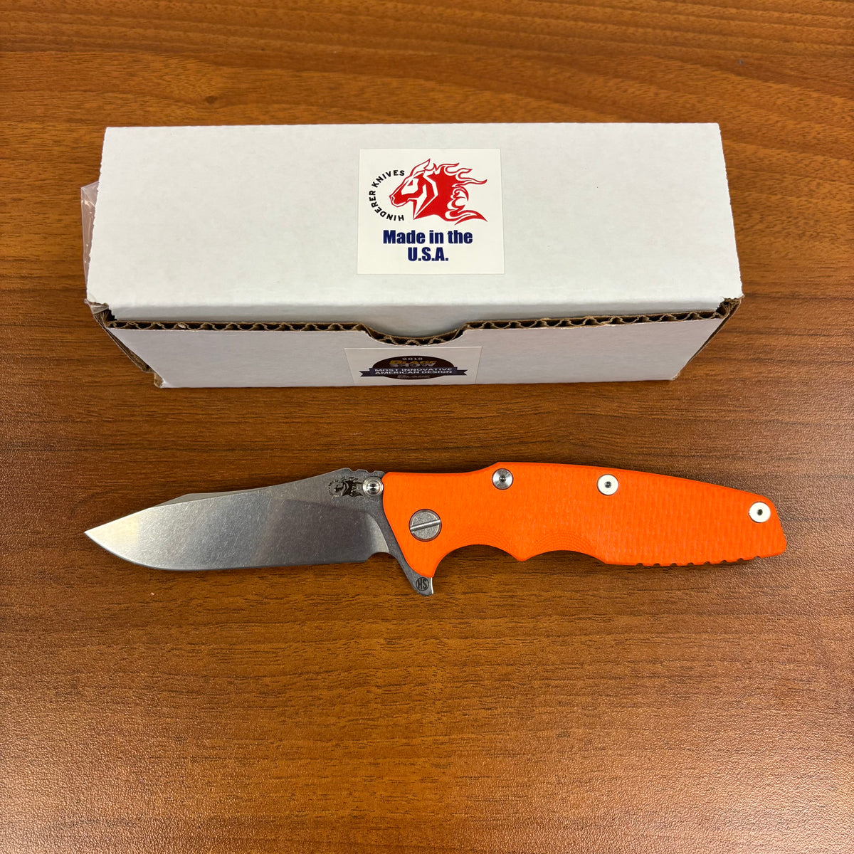 Rick Hinderer Eklipse SKINNY Slicer 3.5" Magnacut, Hollow Grind, Tri-Way, Stonewash Blue, Orange G10 Knife
