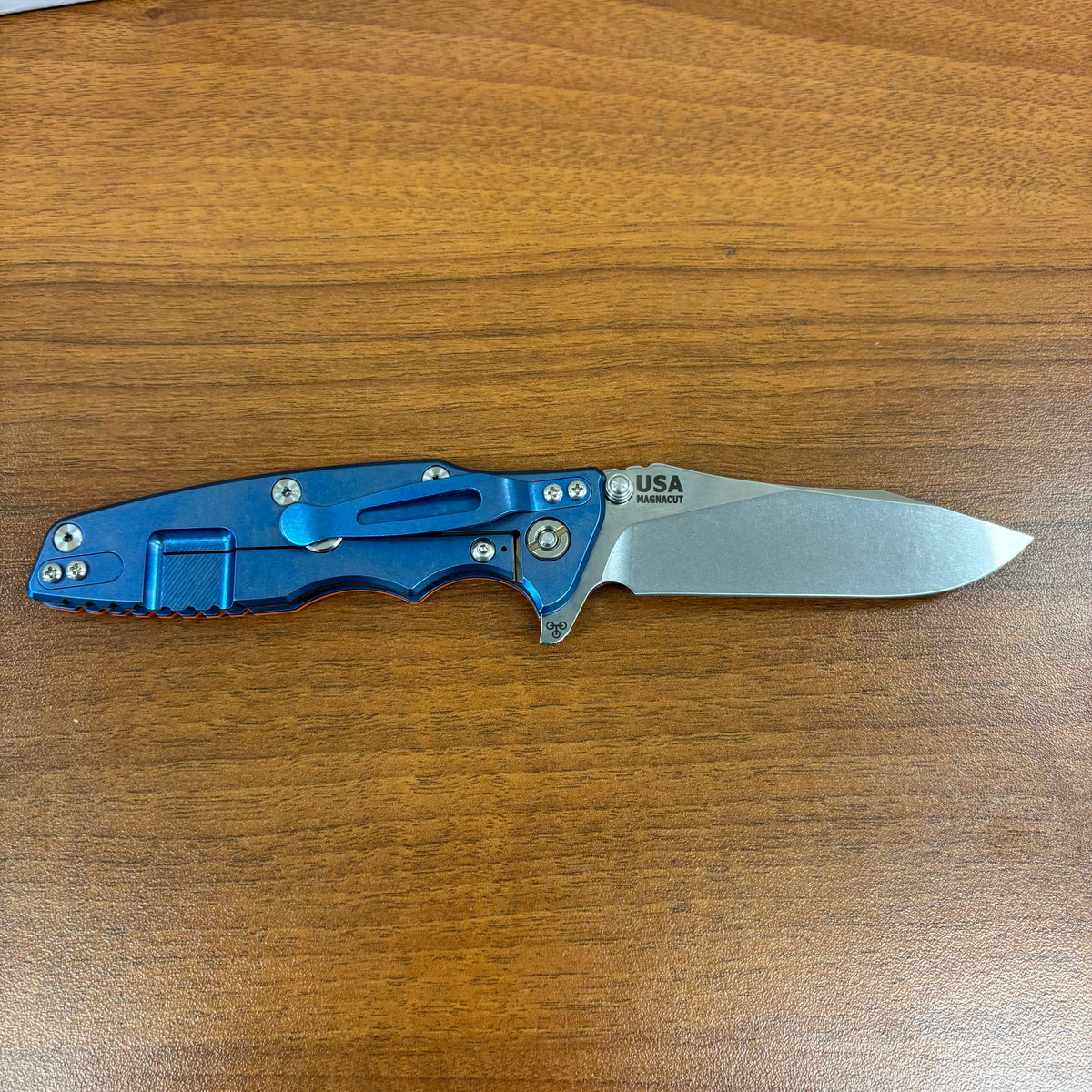 Rick Hinderer Eklipse SKINNY Slicer 3.5" Magnacut, Hollow Grind, Tri-Way, Stonewash Blue, Orange G10 Knife