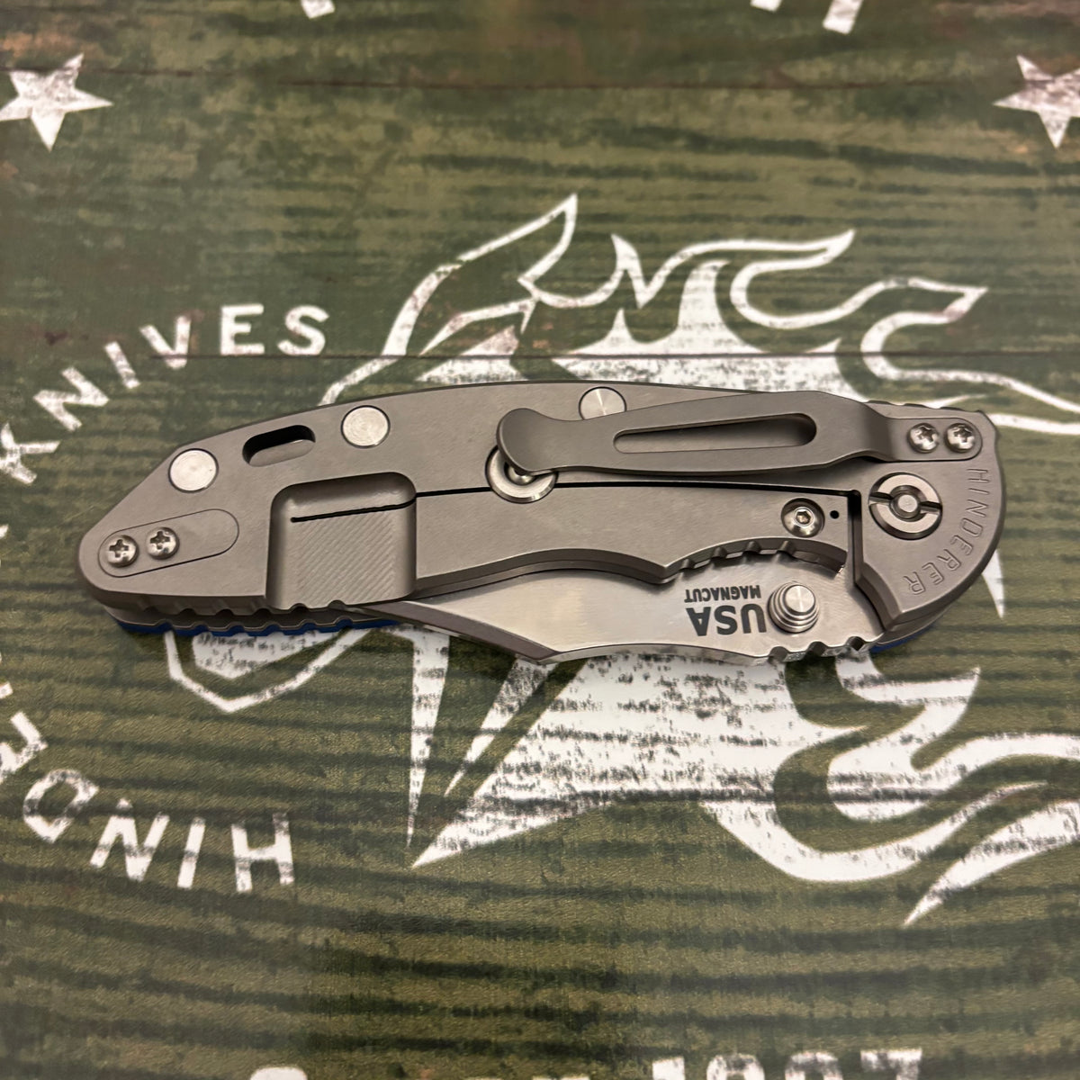 Rick Hinderer XM-18 3.5" Magnacut Bowie, Non Flipper, Tri-Way, Bead Blast, Stonewash Blade, Blue G10 Knife