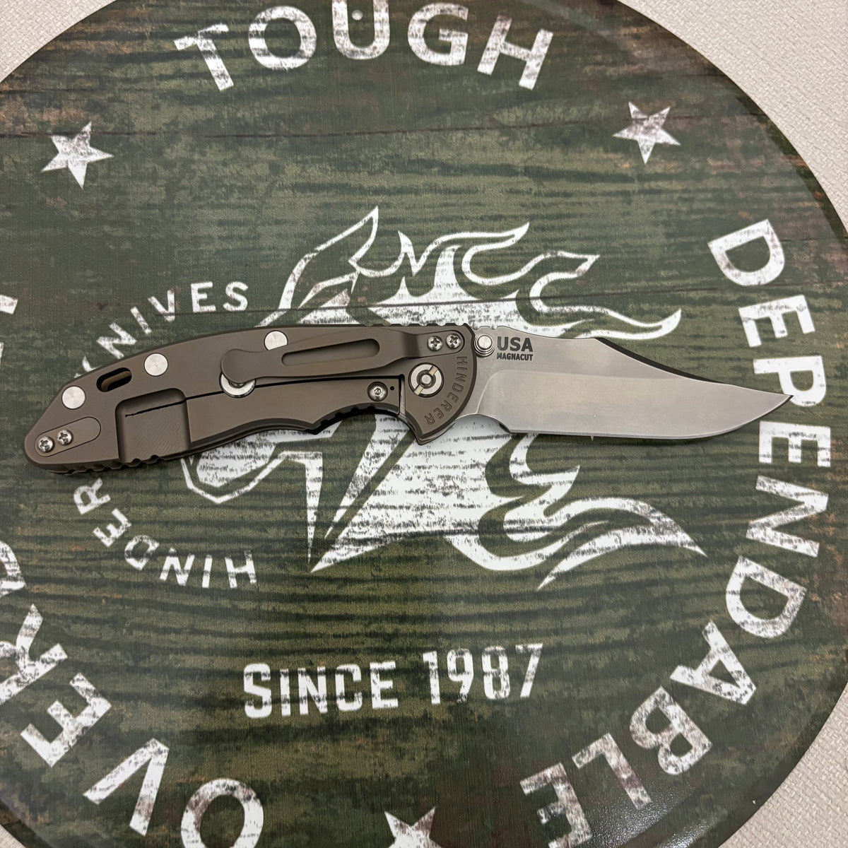 Rick Hinderer XM-18 3.5" Magnacut Bowie, Non Flipper, Tri-Way, Bead Blast Bronze, Stonewash Blade, Black G10 Knife