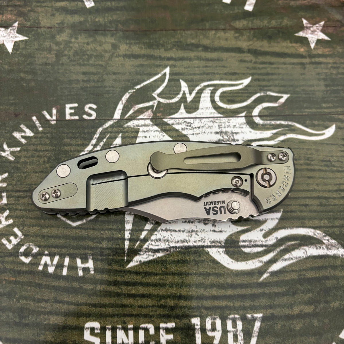 Rick Hinderer XM-18 3.5" Magnacut Bowie, Non Flipper, Tri-Way, Bead Blast Green, Stonewash Blade, Black G10 Knife