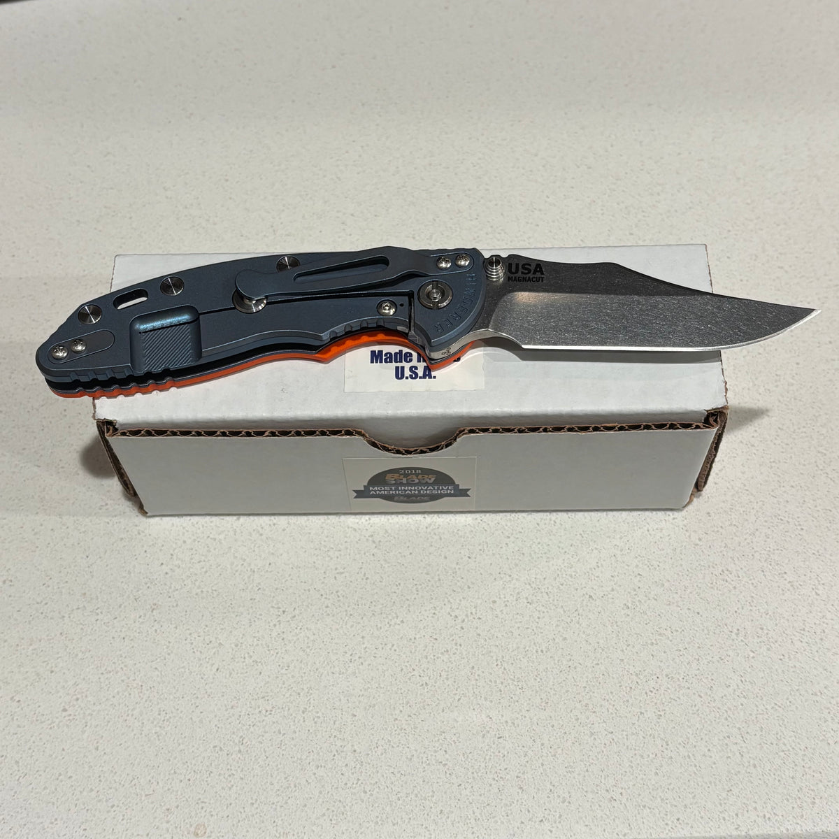 Rick Hinderer XM-18 3.5" Magnacut Bowie, Non Flipper, Tri-Way, Bead Blast Blue, Stonewash Blade, Orange G10 Knife