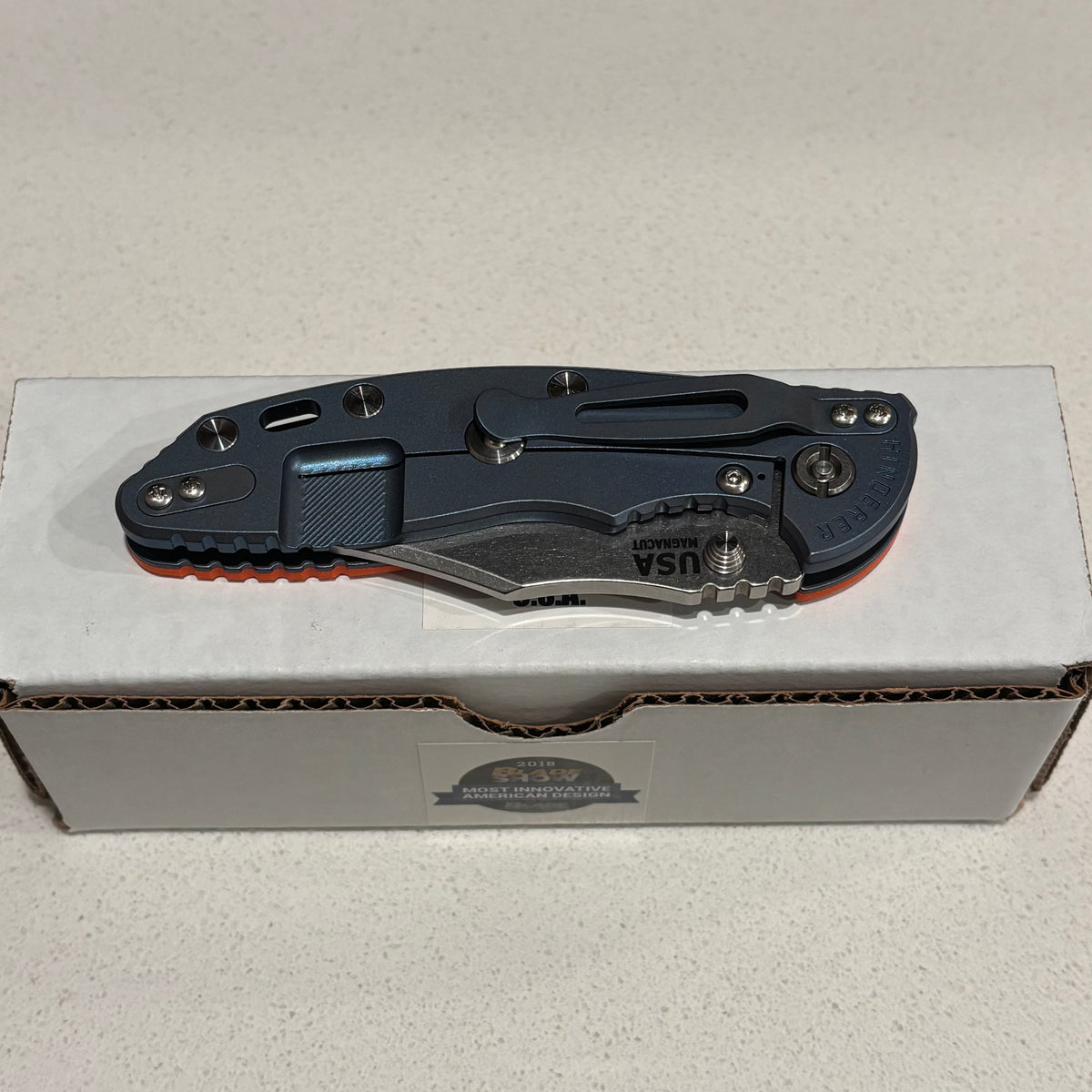 Rick Hinderer XM-18 3.5" Magnacut Bowie, Non Flipper, Tri-Way, Bead Blast Blue, Stonewash Blade, Orange G10 Knife