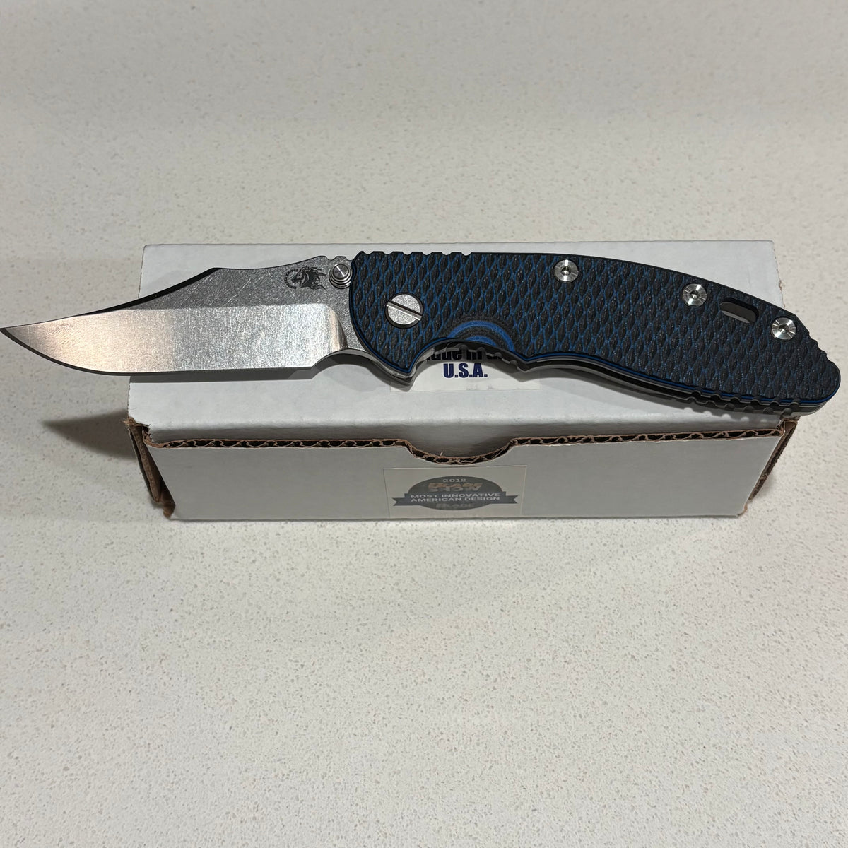 Rick Hinderer XM-18 3.5" Magnacut Bowie, Non Flipper, Tri-Way, Bead Blast, Stonewash Blade, Blue/Black G10 Knife