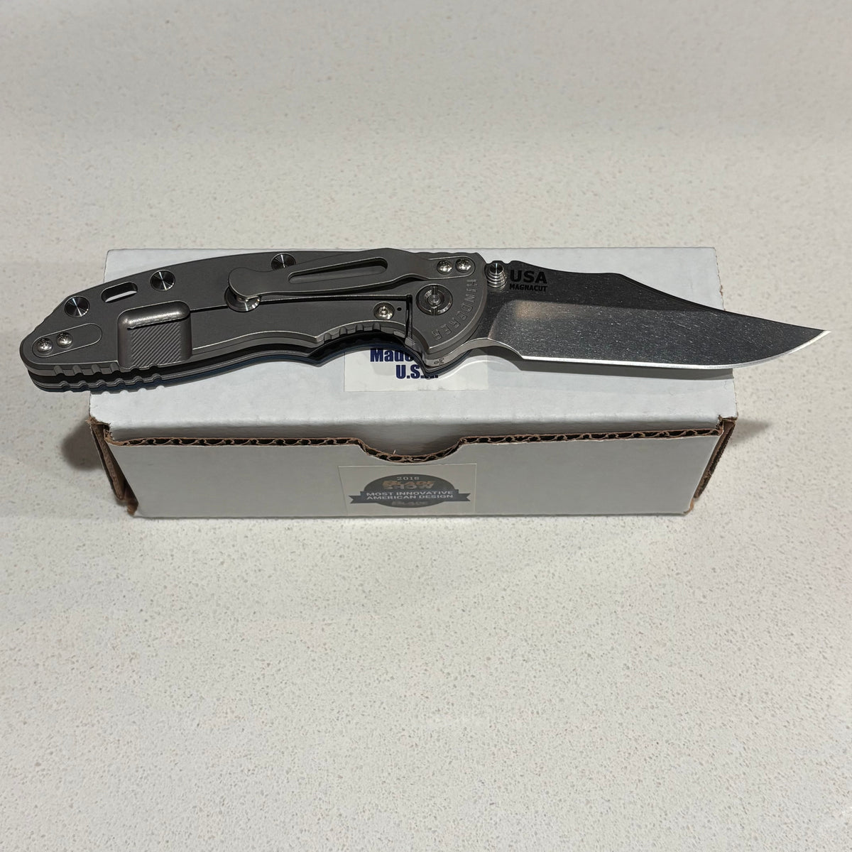 Rick Hinderer XM-18 3.5" Magnacut Bowie, Non Flipper, Tri-Way, Bead Blast, Stonewash Blade, Blue/Black G10 Knife