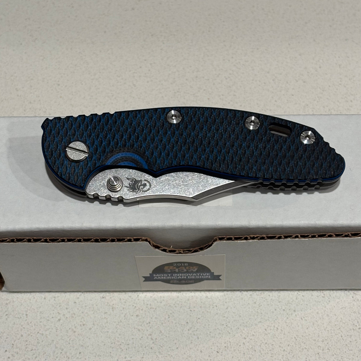 Rick Hinderer XM-18 3.5" Magnacut Bowie, Non Flipper, Tri-Way, Bead Blast, Stonewash Blade, Blue/Black G10 Knife