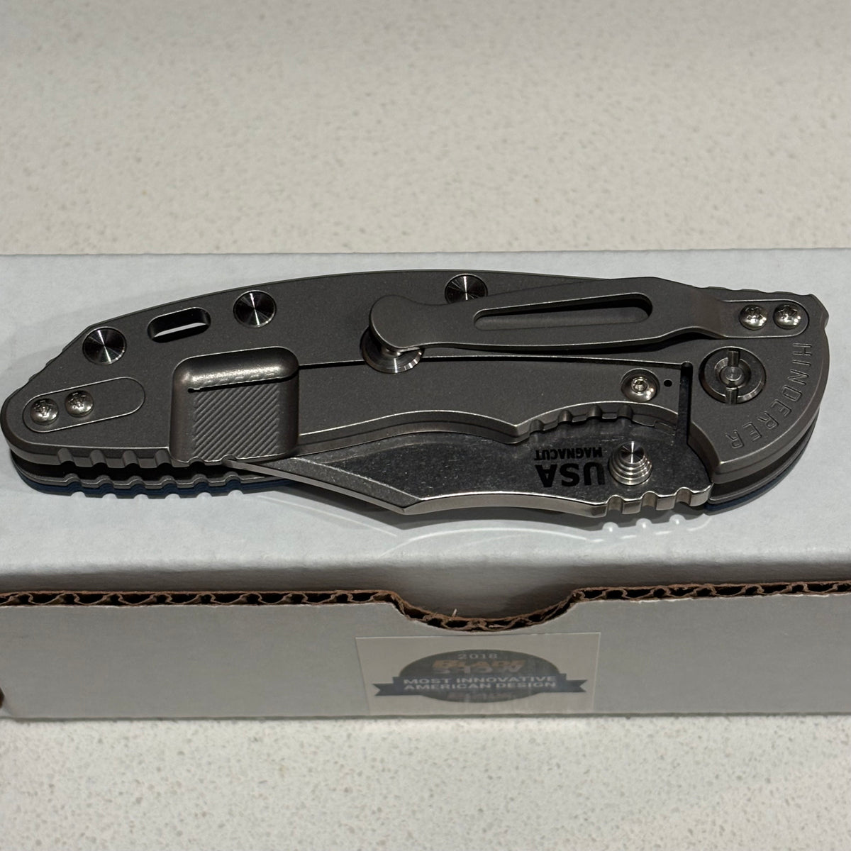 Rick Hinderer XM-18 3.5" Magnacut Bowie, Non Flipper, Tri-Way, Bead Blast, Stonewash Blade, Blue/Black G10 Knife