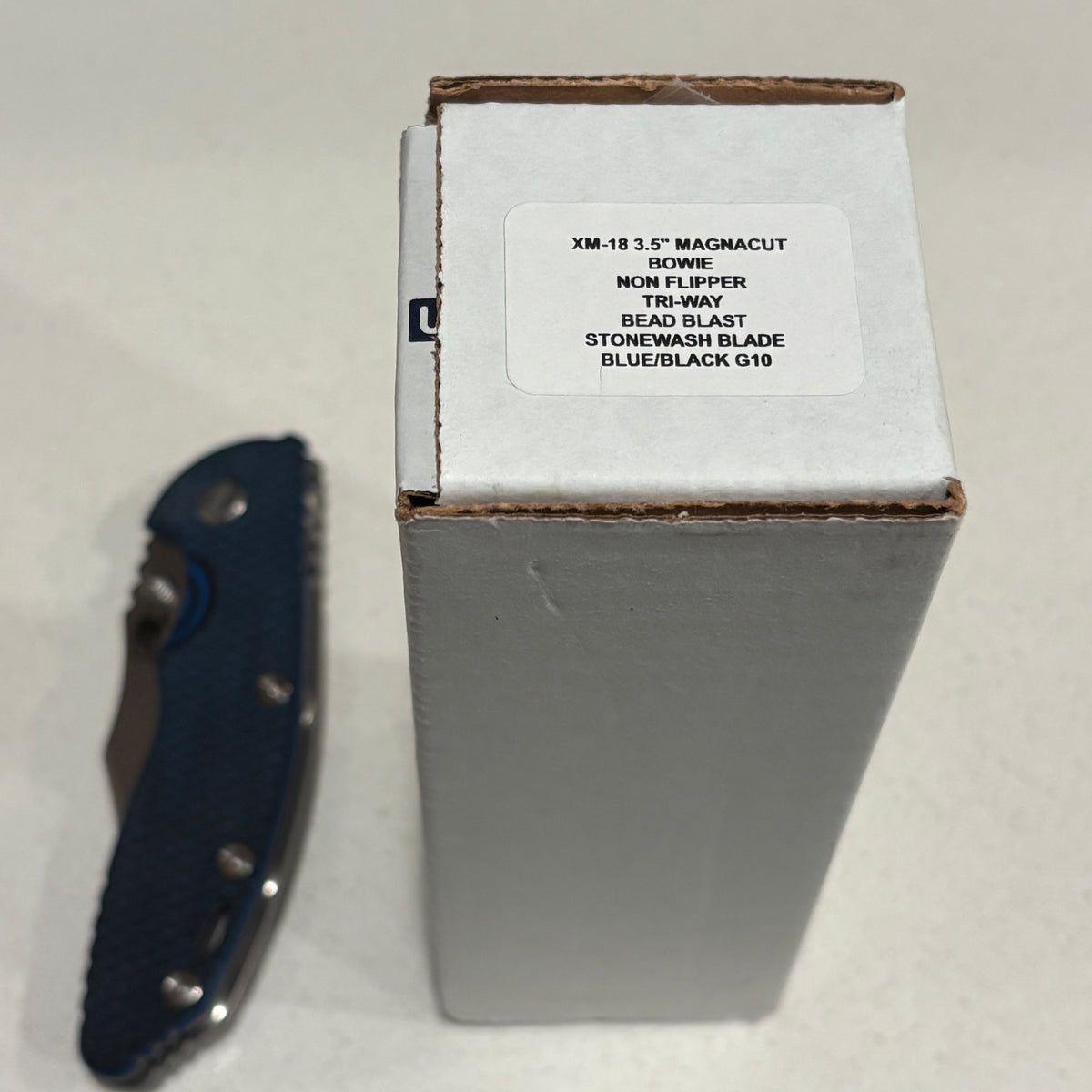 Rick Hinderer XM-18 3.5" Magnacut Bowie, Non Flipper, Tri-Way, Bead Blast, Stonewash Blade, Blue/Black G10 Knife