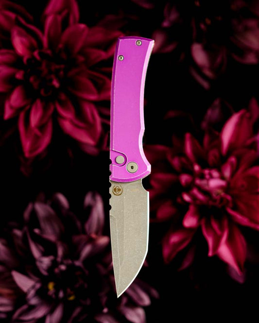 Chaves x Protech Redencion 229 S35VN Tanto 3.3" S35VN Stonewash Battle Worn Purple Aluminum Handle Automatic Folding Knife