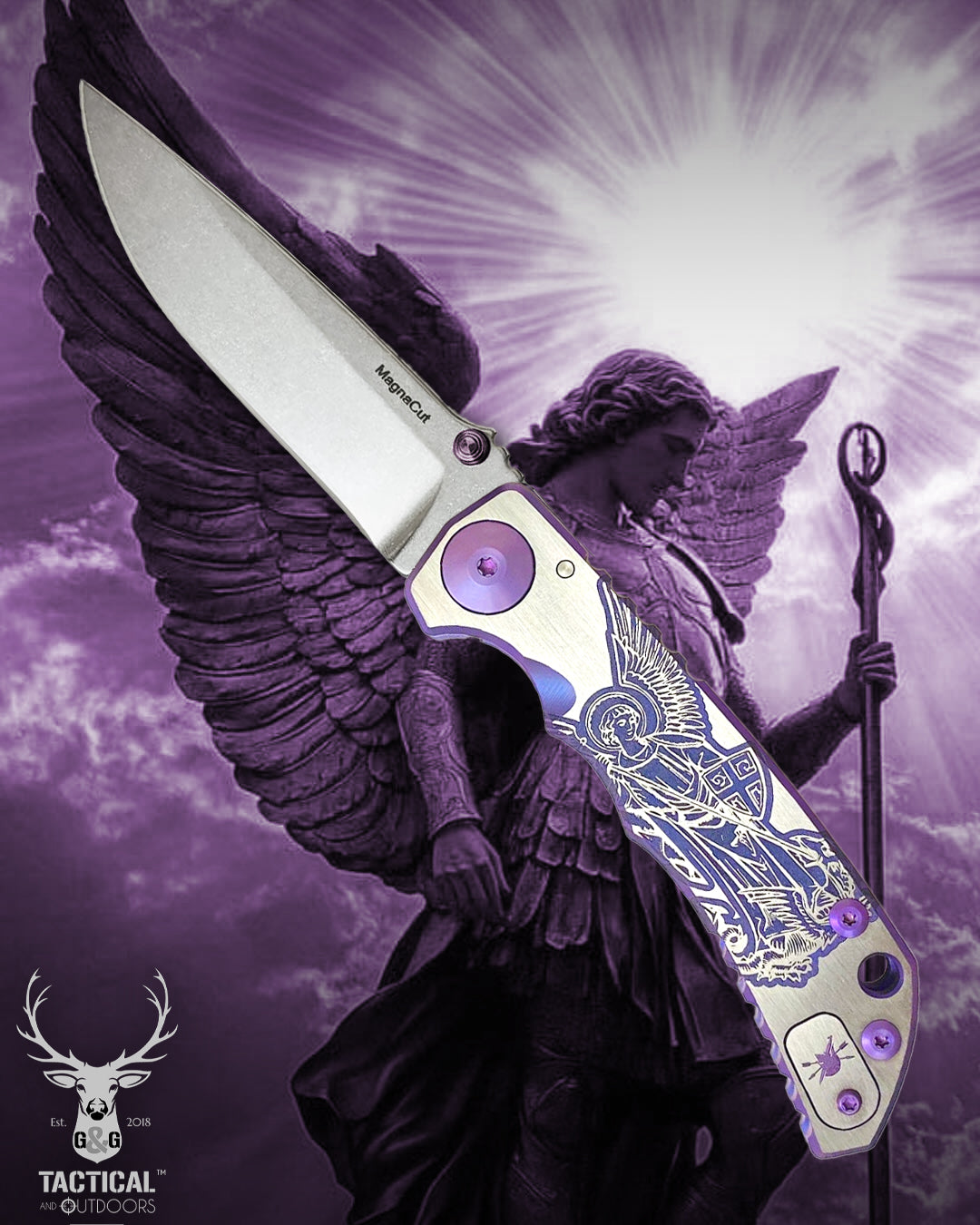 Spartan Blades SHF SF10SW 3.25" PURPLE Saint Michael, Magnacut Blade, PURPLE ANO Hardware Knife