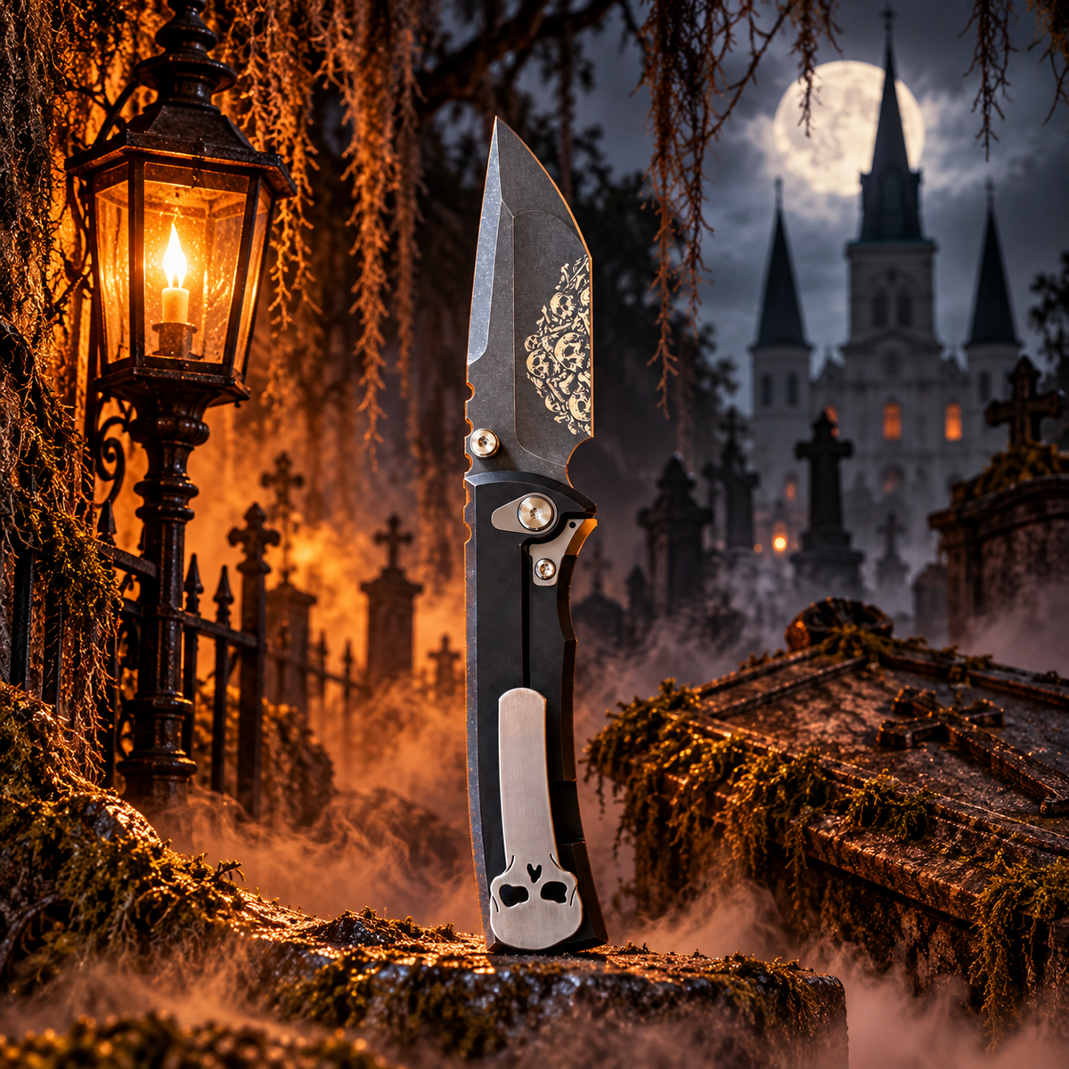 Chaves Redencion Street Integral Magnetic Titanium, Tanto Belt Finish M390 Blade, Knife HALLOWEEN GRIM REAPER THEME