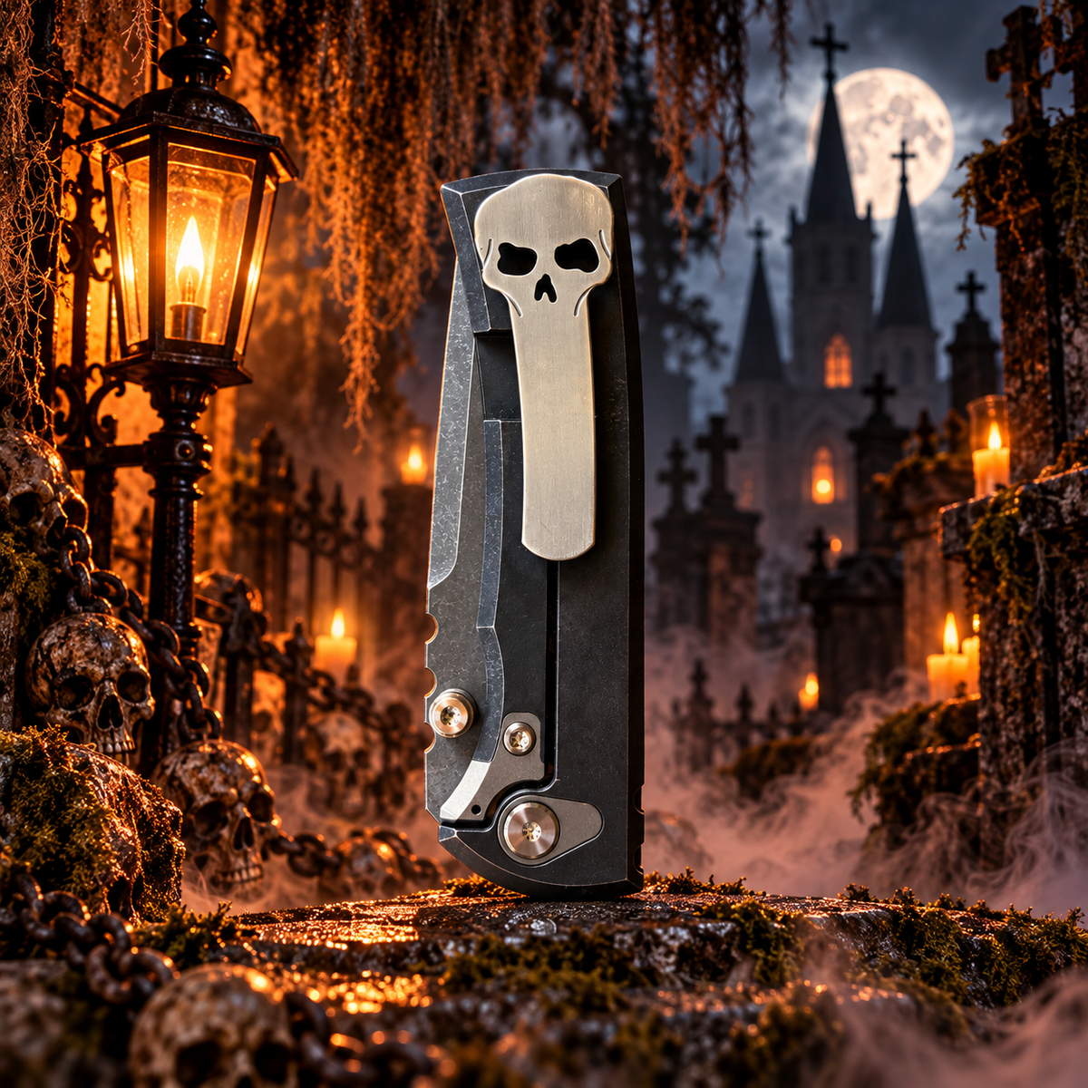 Chaves Redencion Street Integral Magnetic Titanium, Tanto Belt Finish M390 Blade, Knife HALLOWEEN GRIM REAPER THEME