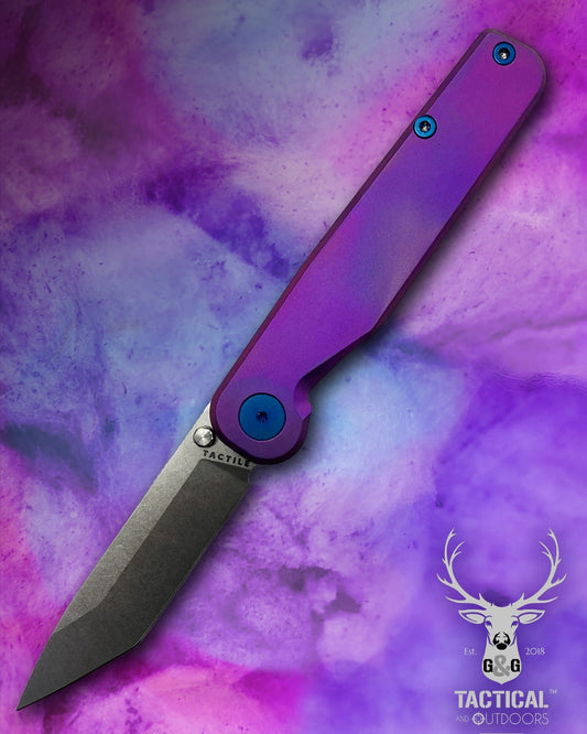 Tactile Knife Co. Rockwall TANTO 3" Magnacut Stonewash Blade, Titanium Handles Folding Knife REVERSE COTTON CANDY THEME