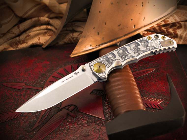 Spartan Blades Harsey Folder - Marching Spartans Theme, Stonewash Magnacut 4" Blade, Bronze ANO Hardware Knife