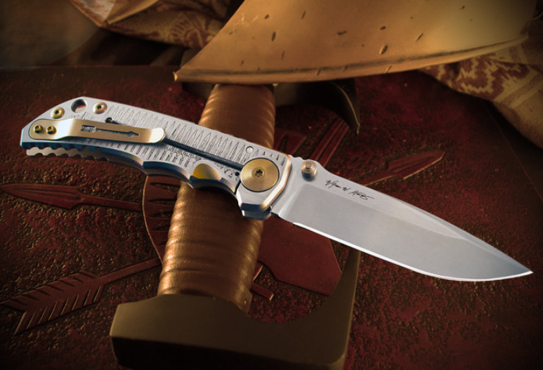 Spartan Blades Harsey Folder - Marching Spartans Theme, Stonewash Magnacut 4" Blade, Bronze ANO Hardware Knife