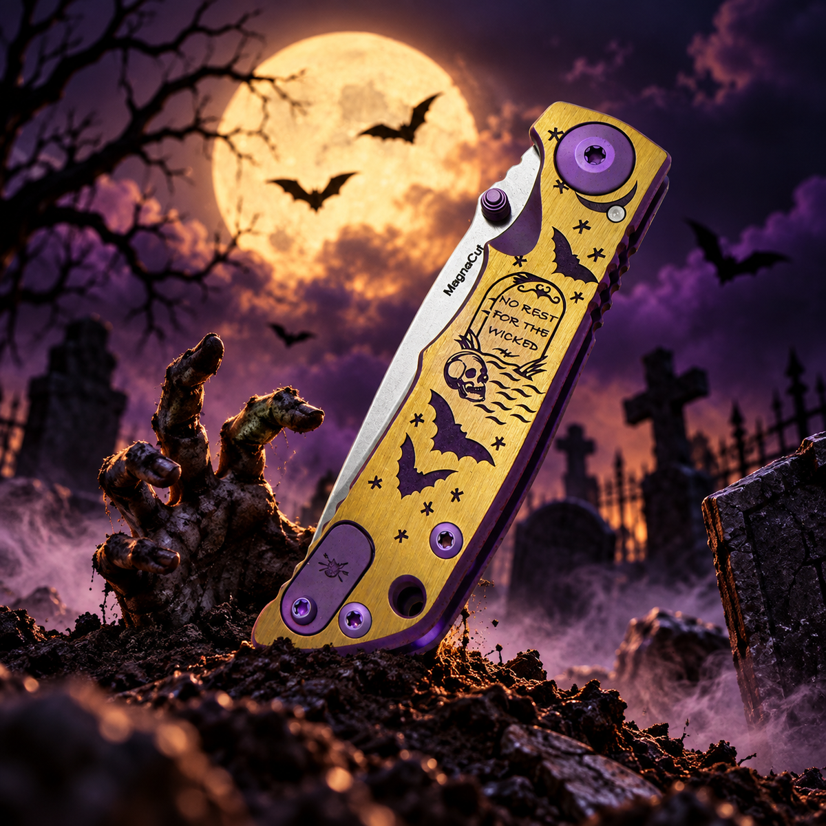 Spartan Blades SHF SF10SW HALLOWEEN NO REST FOR WICKED THEME Harsey Folding Knife 3.25" Magnacut Stonewashed Blade, Bead Blasted Titanium Handle