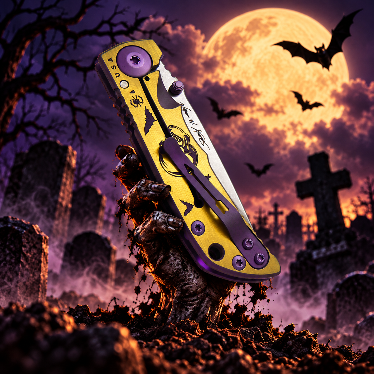 Spartan Blades SHF SF10SW HALLOWEEN NO REST FOR WICKED THEME Harsey Folding Knife 3.25" Magnacut Stonewashed Blade, Bead Blasted Titanium Handle