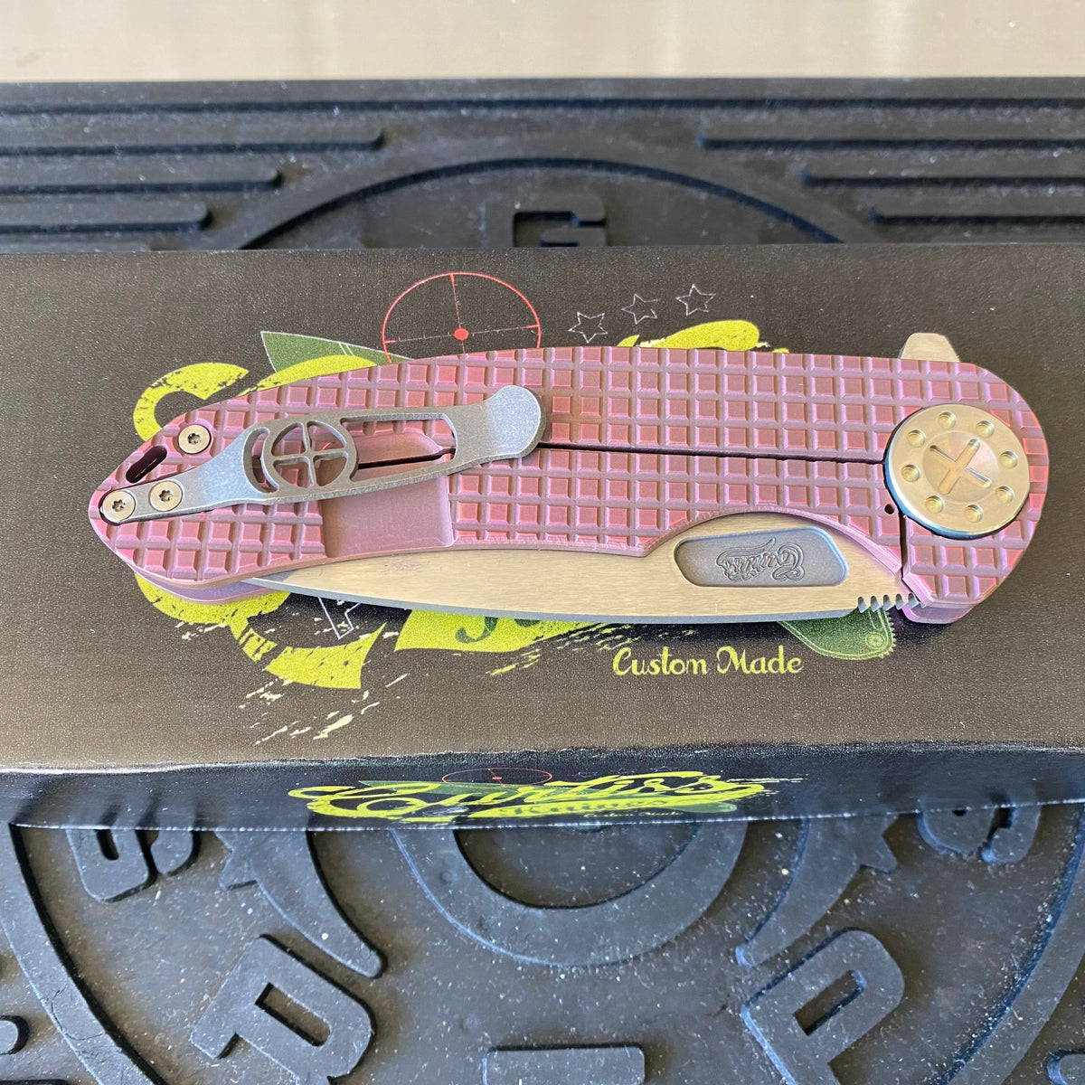 Curtiss Custom F3 Large 3.75" Spanto, Flipper, Titanium Frag Mill Handles, Pink Polished Hardware, Magnacut Knife