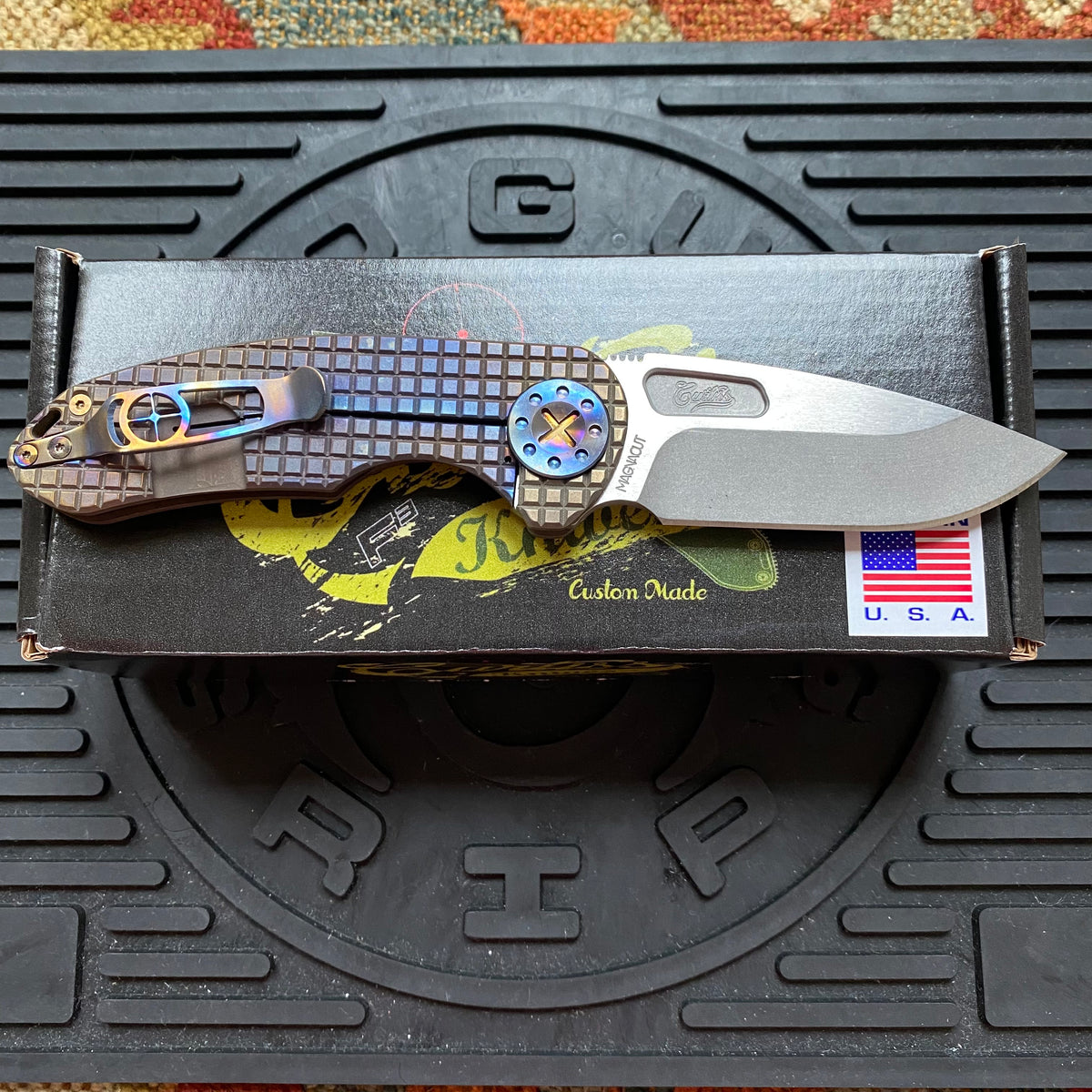 Curtiss Custom F3 Medium 3" Slicer NON-Flipper, Fragmill Titanium Torched Handles, Stonewash Magnacut Torched Hardware Folding Knife