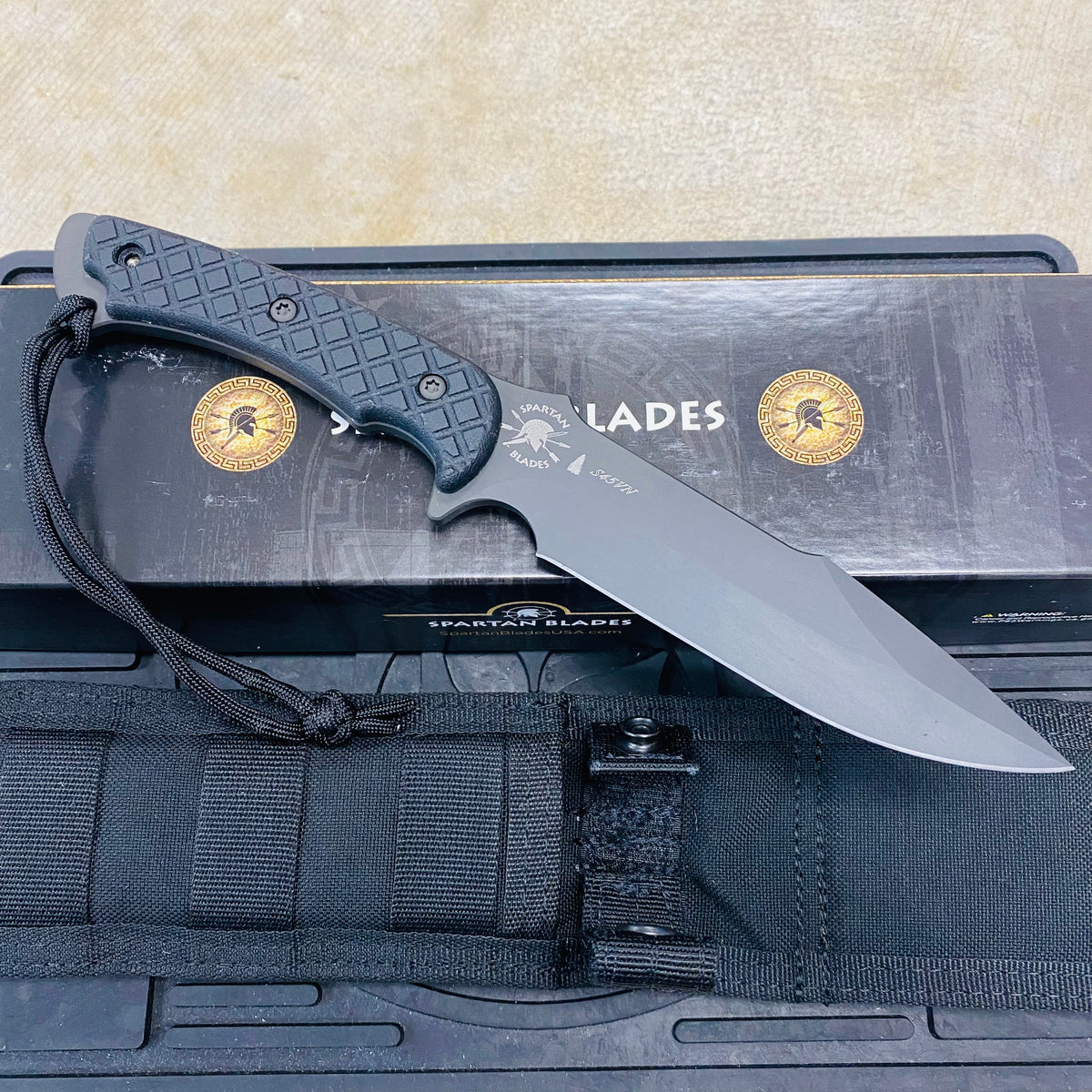 Spartan Blades Horkos Black 5.6" Fixed Blade Knife CE Canvas Micarta Black Handle with Black Molle Sheath SB4BKBKNLBK