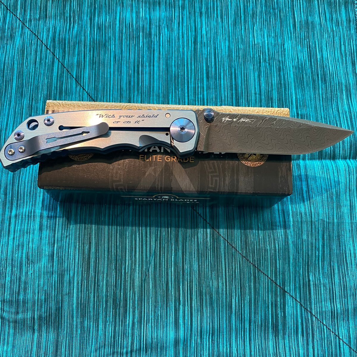 Spartan Blades Harsey Folder - Shield Engraved Damascus Blade - Special Edition