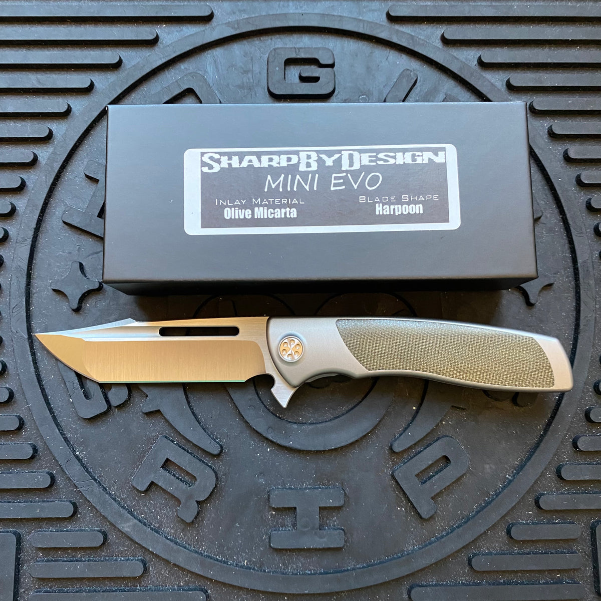 Sharp By Design Mini Evo Flipper 3.25" Satin Harpoon OD OLIVE MICARTA Inlay Knife