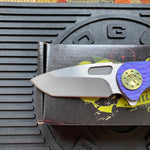 Curtiss Custom F3 Medium 3" Spanto Flipper, Purple Titanium FJ-Mill "Dragon Scale", Stonewash Magnacut, Yellow Titanium Hardware Folding Knife