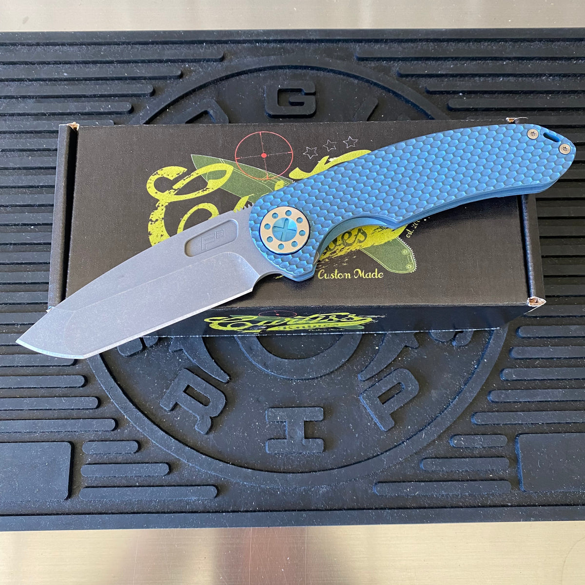 Curtiss Custom F3 Large 3.75" Spanto, Non-Flipper, Titanium Blue Blasted Dragon Scales Handles, Blue Polished Hardware, Magnacut Knife