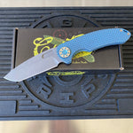 Curtiss Custom F3 Large 3.75" Spanto, Non-Flipper, Titanium Blue Blasted Dragon Scales Handles, Blue Polished Hardware, Magnacut Knife