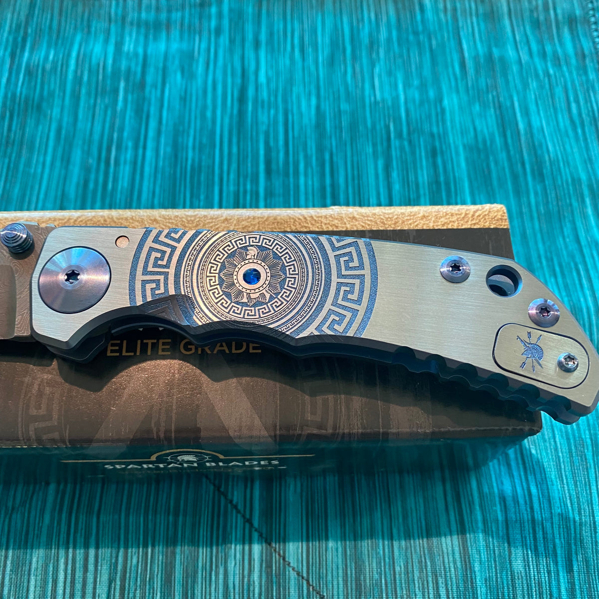 Spartan Blades Harsey Folder - Shield Engraved Damascus Blade - Special Edition