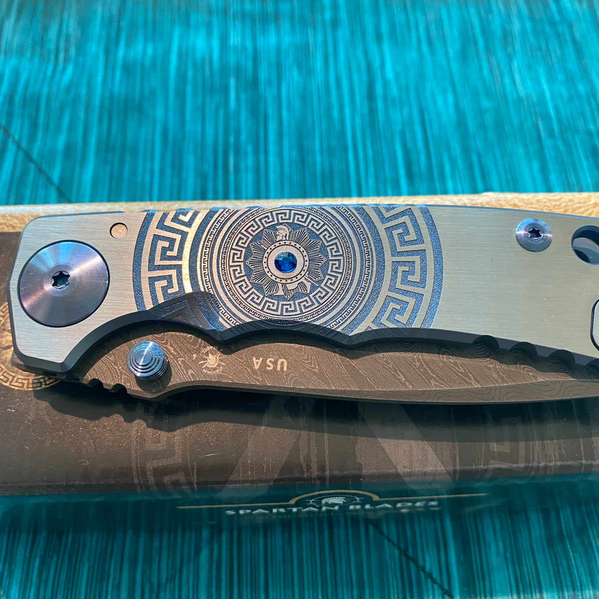 Spartan Blades Harsey Folder - Shield Engraved Damascus Blade - Special Edition