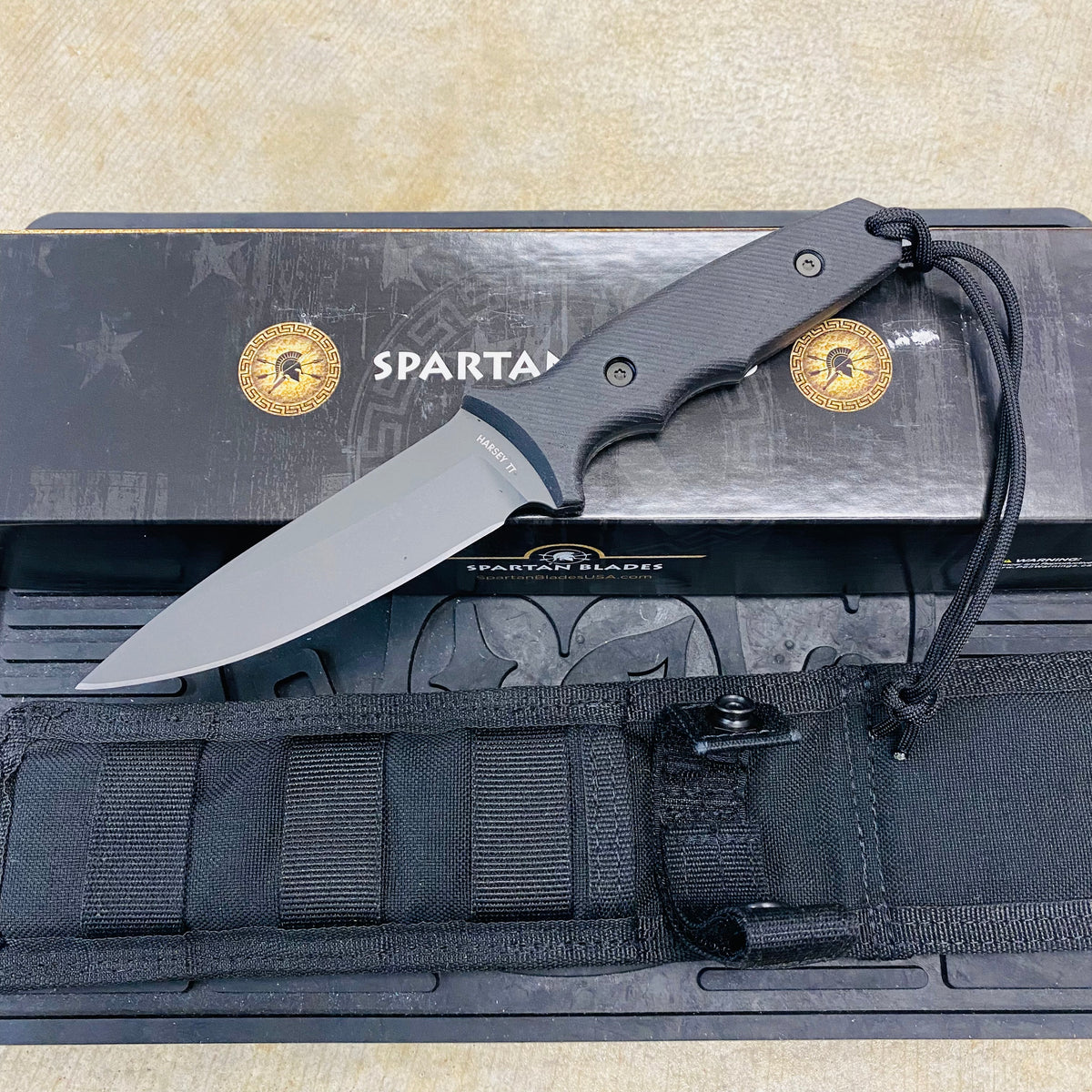Spartan Blades Harsey Tactical Trout Black Handles 4.5" Fixed Blade Knife with Black Molle Sheath SB43BKBKNLBK