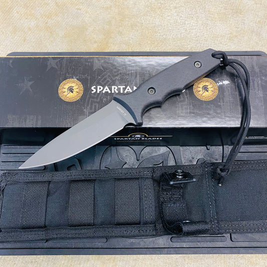 Spartan Blades Harsey Tactical Trout Black Handles 4.5" Fixed Blade Knife with Black Molle Sheath SB43BKBKNLBK