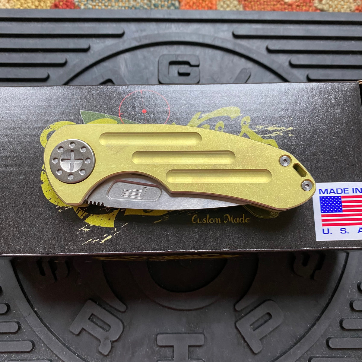 Curtiss Custom F3 Medium 3.25" Spanto NON-Flipper, Yellow Titanium Ball-Mill, Stonewash Magnacut Folding Knife