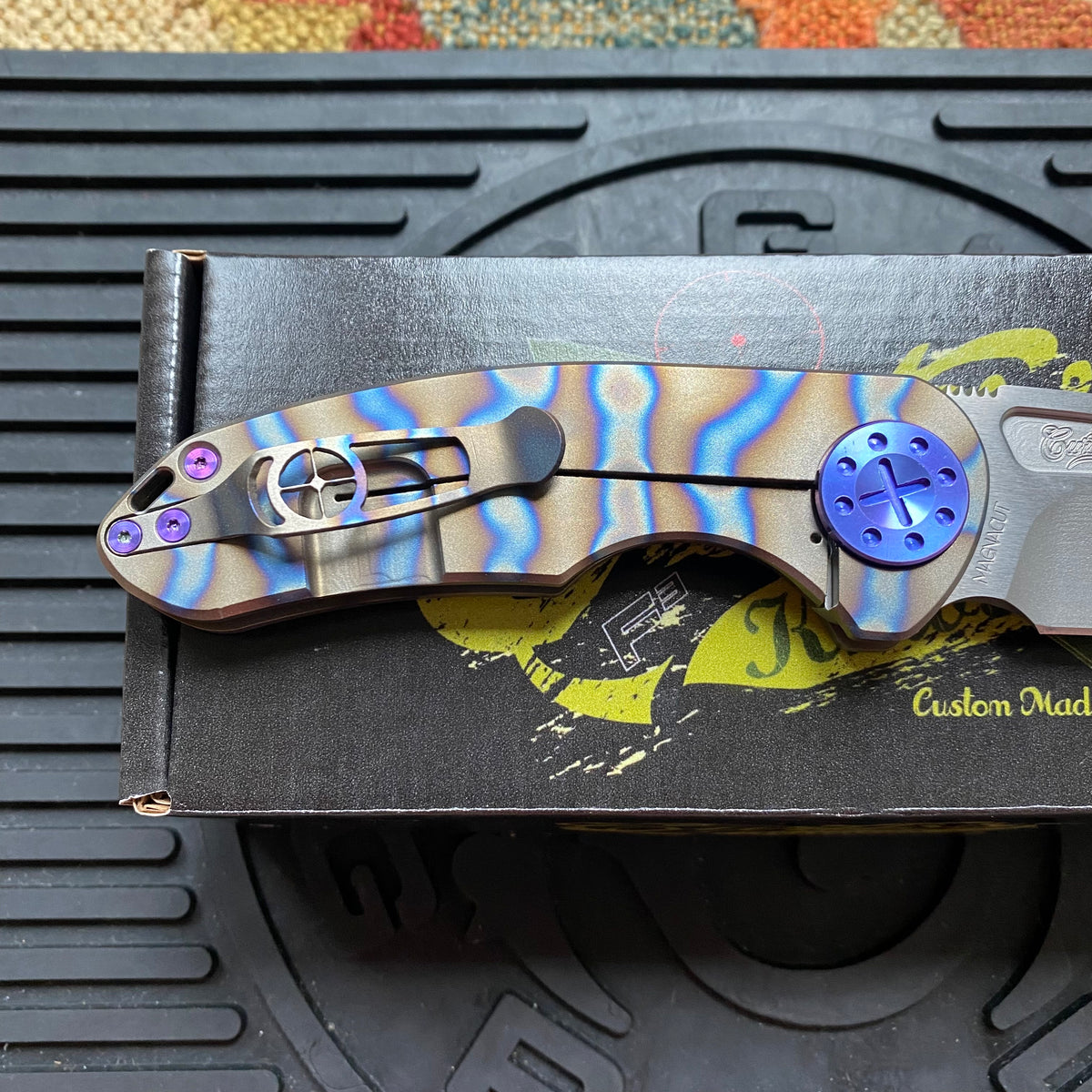 Curtiss Custom F3 Medium 3" Spanto NON-Flipper,Titanium Torched Tiger Striped Handles, Stonewash Magnacut Purple Hardware Folding Knife