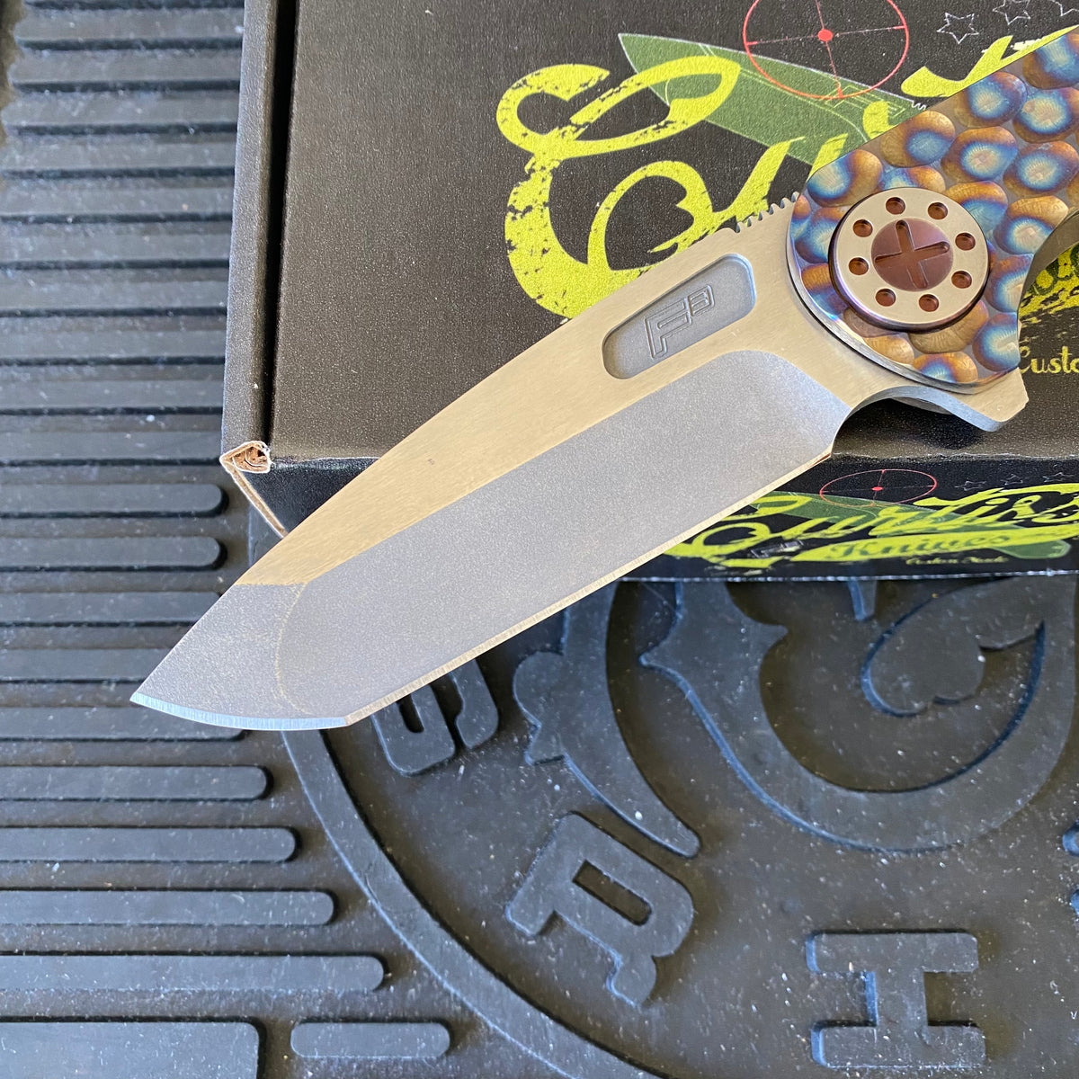 Curtiss Custom F3 Large 3.75" Spanto, Flipper, Titanium Torched PM-Mill Handles, Bronzed Polished Hardware, Magnacut Knife