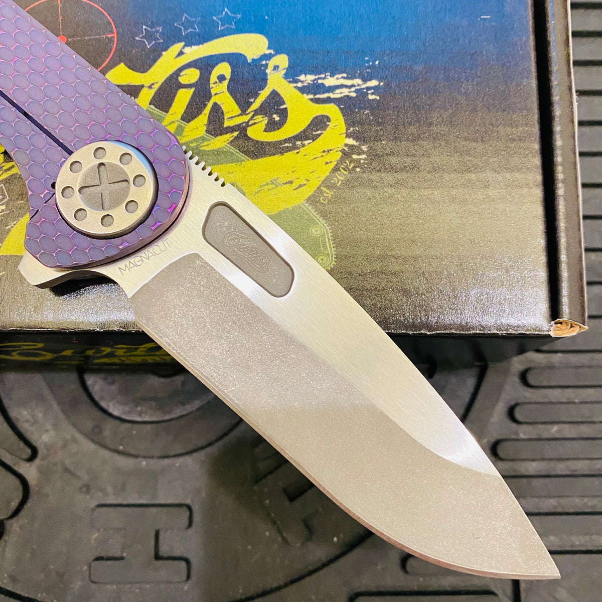 Curtiss Custom F3 Large 3.75" Slicer, Flipper, Titanium Purple SPM-Mill Handles, Blasted Polished Hardware, Magnacut Knife