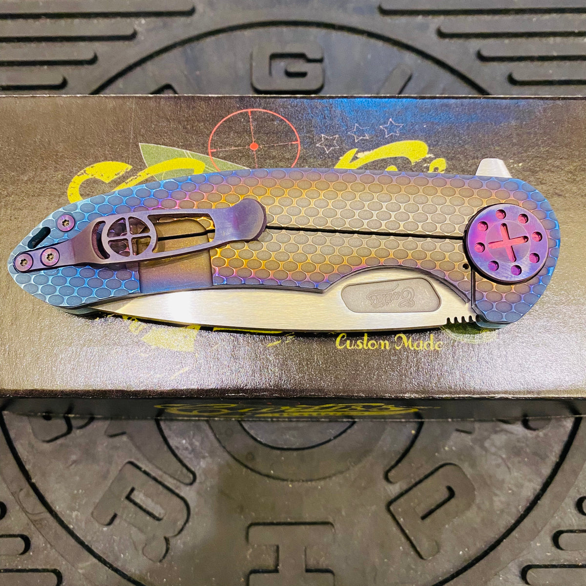 Curtiss Custom F3 Large 3.75" Spanto, Flipper, Titanium Ombre SPM-Mill Handles, Purple Hardware, Magnacut Knife