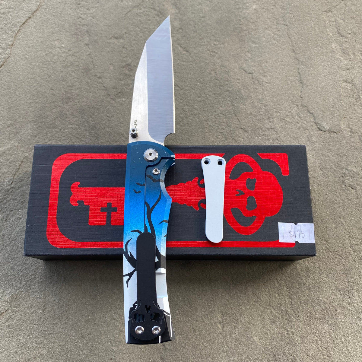 Chaves Sangre 229 Wharncliffe HAUNTED HOUSE HALLOWEEN THEME Stonewash Ti Belt Finish 3.7" Folding Knife