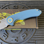 Curtiss Custom F3 Large 3.75" Spanto, Non-Flipper, Titanium Blue Blasted Dragon Scales Handles, Blue Polished Hardware, Magnacut Knife