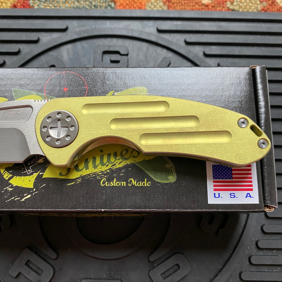 Curtiss Custom F3 Medium 3.25" Spanto NON-Flipper, Yellow Titanium Ball-Mill, Stonewash Magnacut Folding Knife