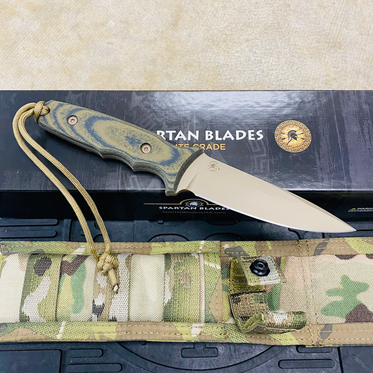 Spartan Blades Harsey Tactical Trout Flat Dark Earth Camo Handles 4.5" Fixed Blade Knife with Multicam Molle Sheath SB43DECMNLMC