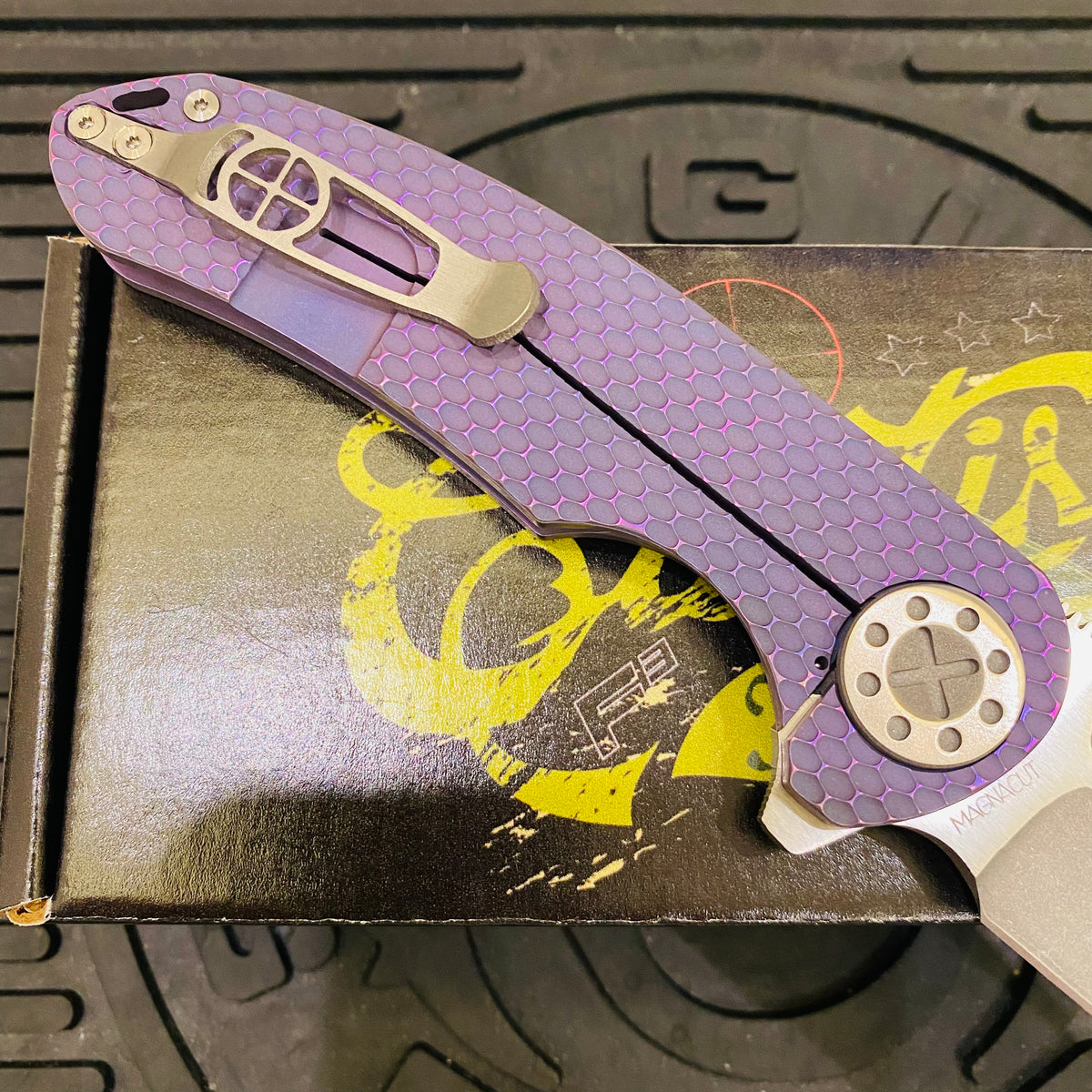 Curtiss Custom F3 Large 3.75" Slicer, Flipper, Titanium Purple SPM-Mill Handles, Blasted Polished Hardware, Magnacut Knife