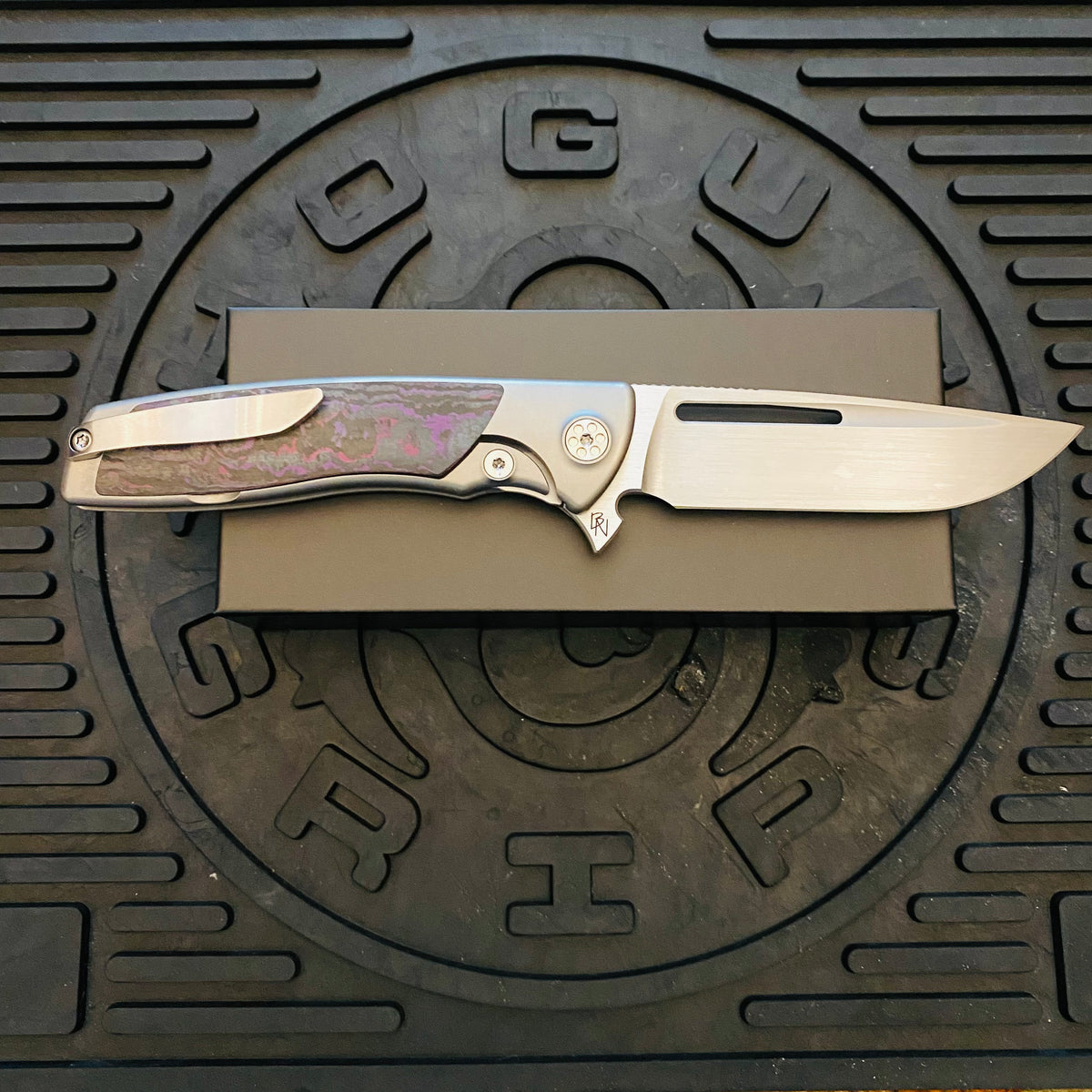 Sharp By Design Mini Evo Flipper 3.25" Satin Drop Point PURPLE HAZE FAT CARBON Inlay Knife