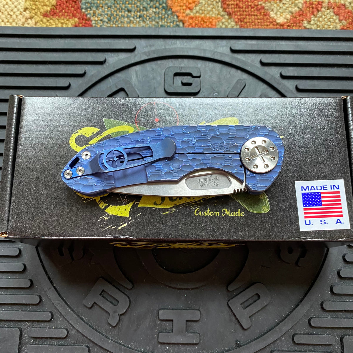 Curtiss Custom F3 Medium 3" Spanto NON-Flipper, Blue Titanium FJ-Mill "Dragon Scale", Stonewash Magnacut Folding Knife